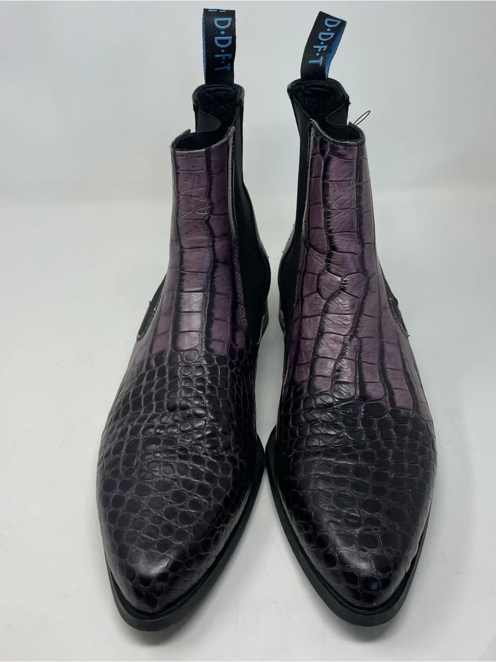 John Fluevog Men's Purple Croc-Embossed Chelsea Chukka Boots
